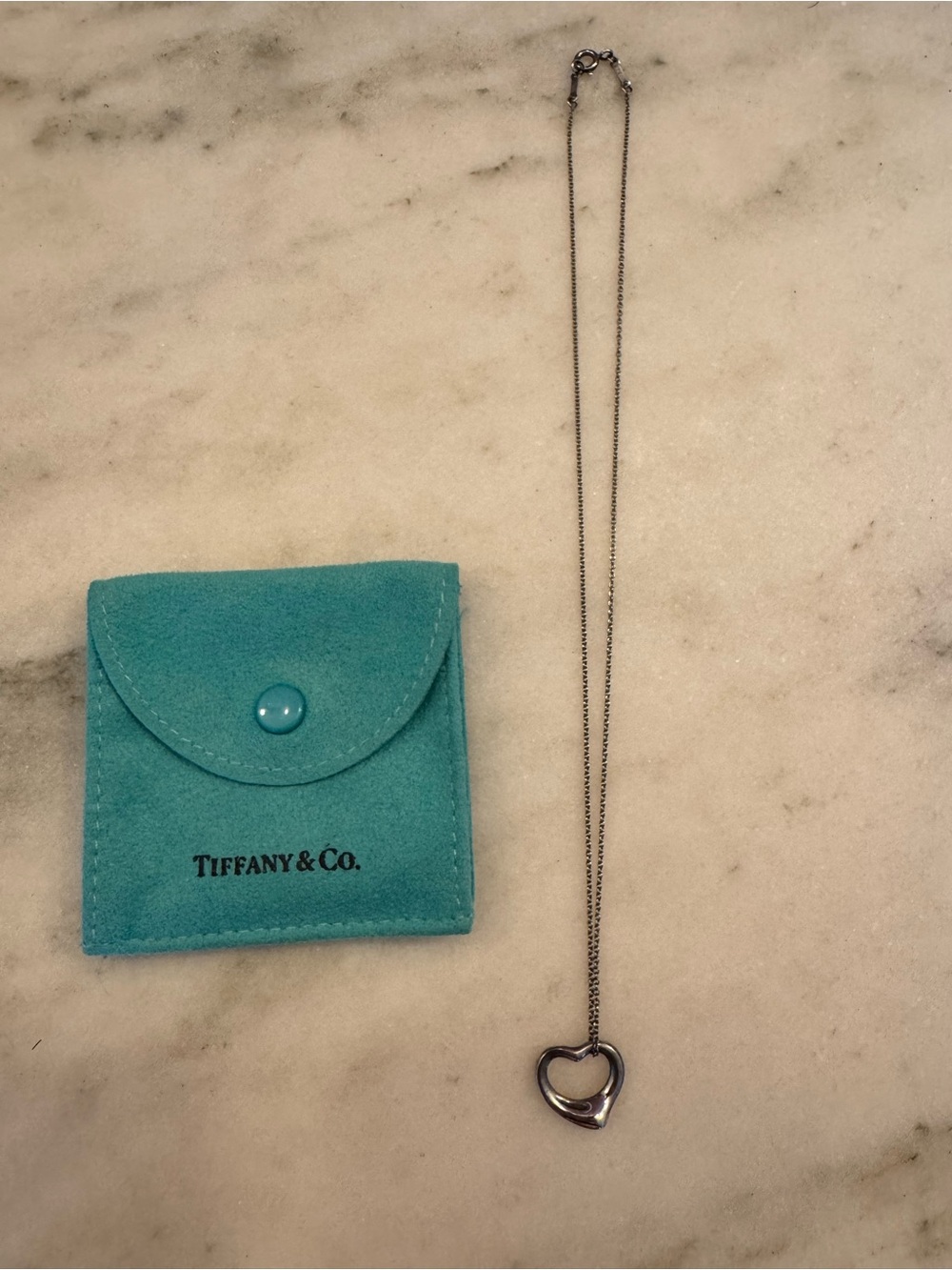 Tiffany & Co. Sterling Silver Elsa Peretti Open Heart Necklace with Pouch